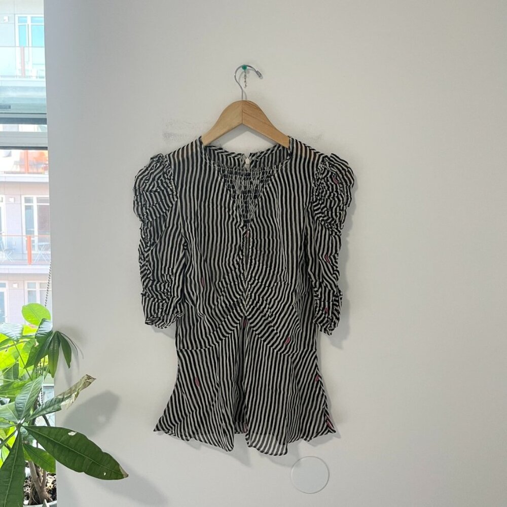 Isabel Marant Black & White Stripe Ruffle Sleeve V Neck Blouse Size 34